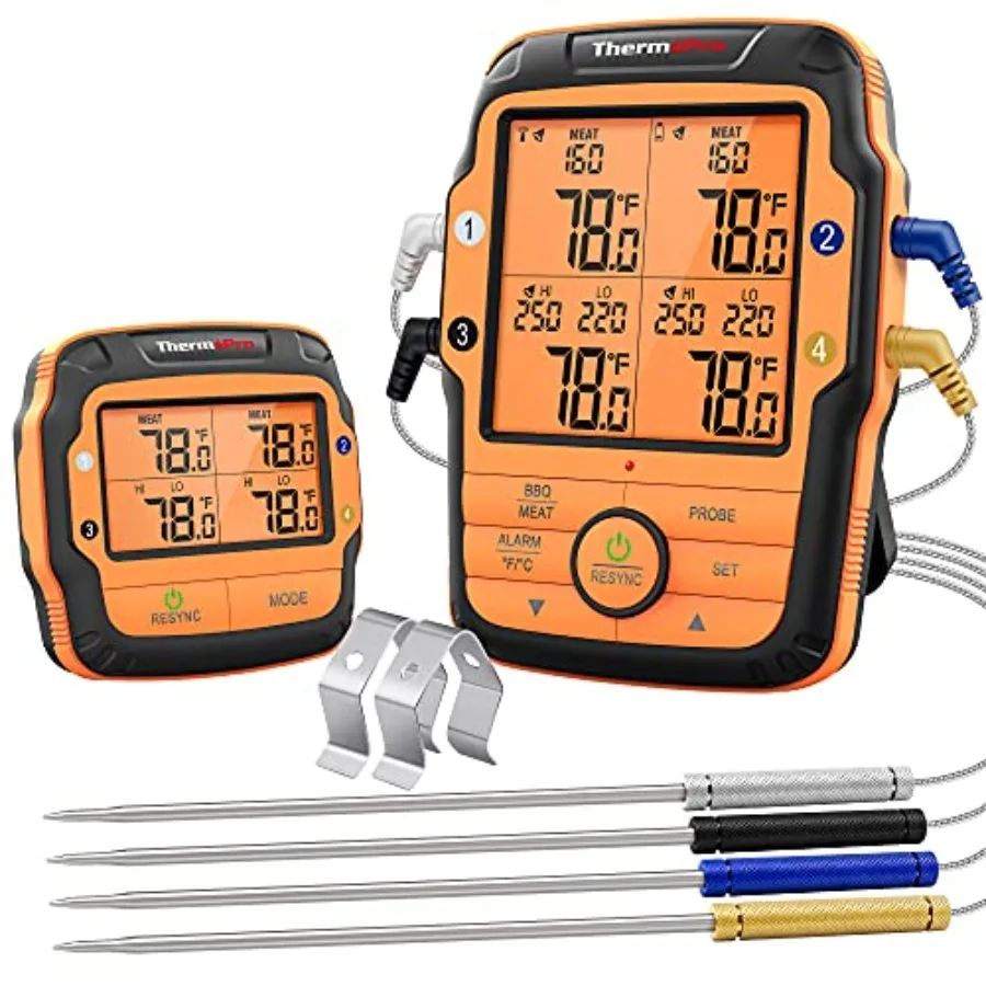 

Беспроводной термометр для мяса ThermoPro TP27 с радиусом действия 500 футов (152 м) для гриля и копчения, с 4 датчиками, для коптильни, барбекю, гриля, кухни, приготовления пищи