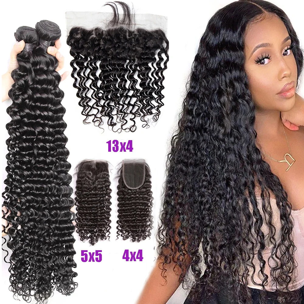 

Наборы бразильских натуральных волос с закрытием, глубокая волна, 3-4 пряди с закрытием 4x4, 5x5 HD Lace, кудрявый плетеный волос с фронтальным закрытием 13x4