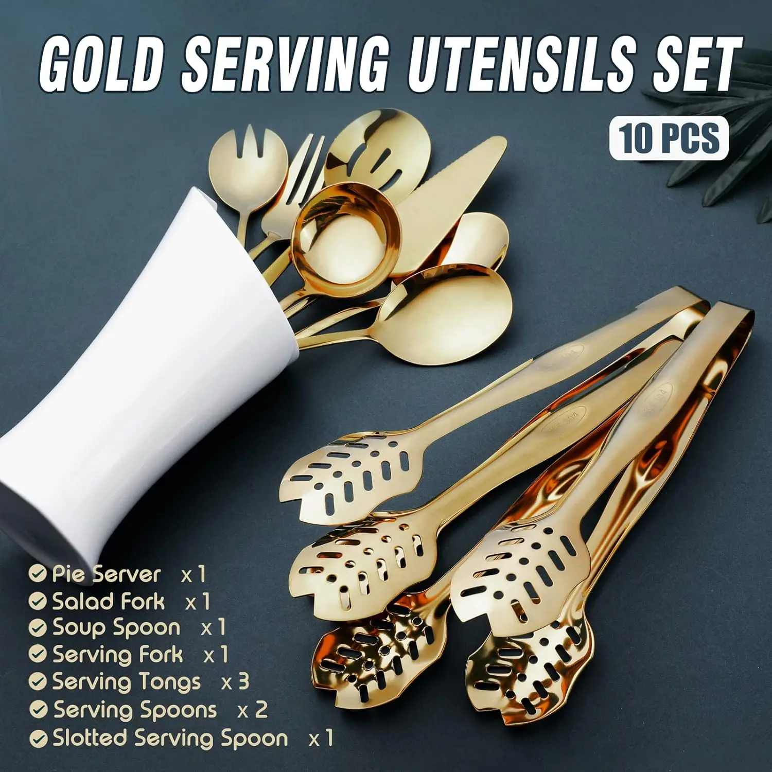 10-Piece Polished Stainless Steel Gold Serving Utensils Set Include Serving Spoons, Slotted, Tongs, Fork，Salad ,Cake