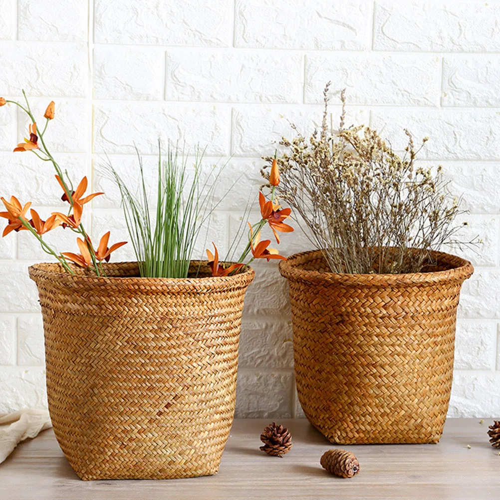 

2 Pcs Woven Trash Can Garbage Waste Basket Bedroom Black Storage Bins Kitchen Hampers Straw Braid Large Mouth Versatile Bucket