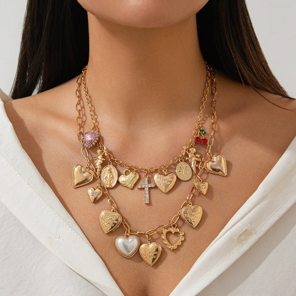 European and American cross-border jewelry ins love element pendant alloy necklace stacked style diamond cross clavicle chain