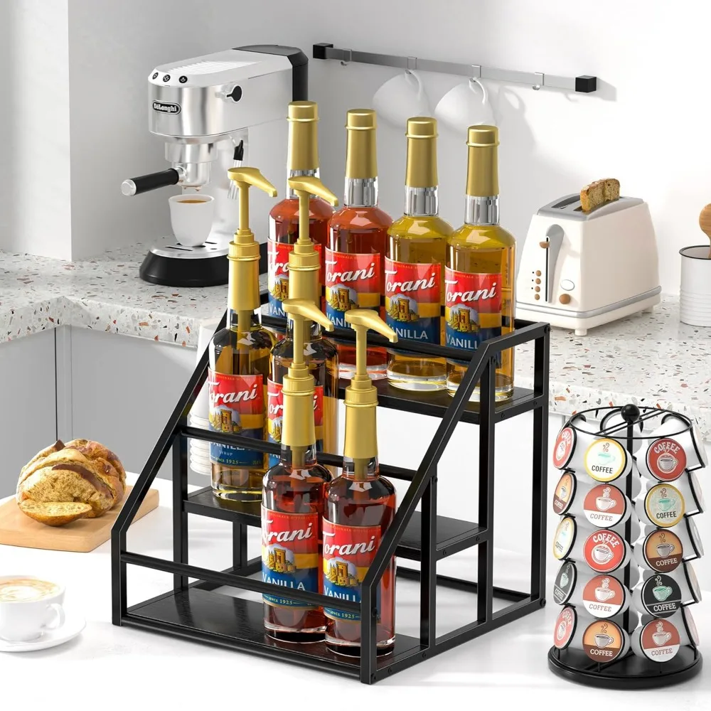 3-Tier Kitchen Organizer Rack for Syrup, Wine & Condiments, Black - Holds 12 Bottles