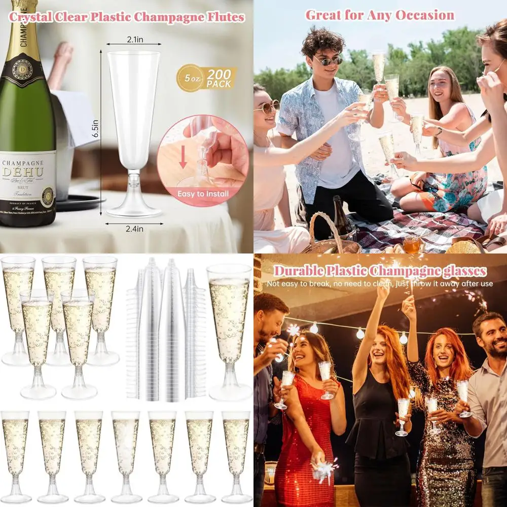 

200-Count Disposable Crystal Clear Plastic Champagne Flutes, 5 Oz Mimosa Glasses for Parties, Weddings, Cocktails