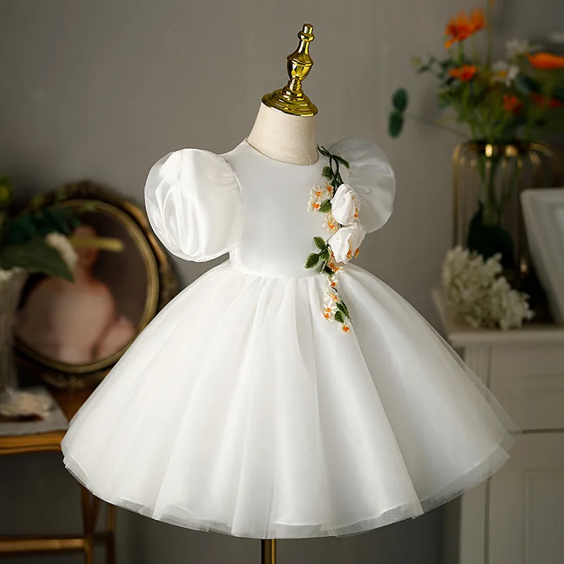 Vestido elegante de flores blancas para niña, vestido Formal de lujo para bautizo, vestido de baile de primera comunión, 1 a 14 años, 2023