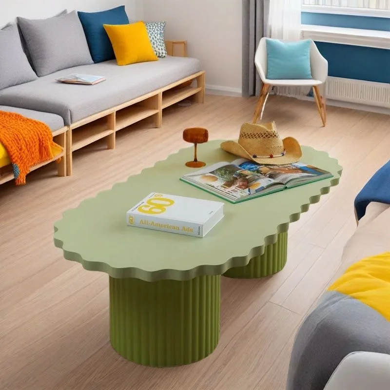 Dopamine living room coffee table, girly style solid wood creative grade cream cloud desktop irregular wave table
