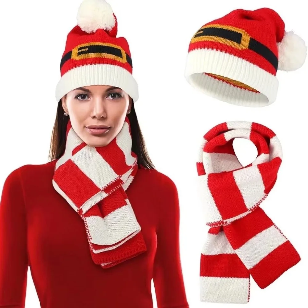 Thermal Yarn Christmas Hat Scarf Gloves Plush Pom Xmas Beanie Striped Pattern Elastic Fit Knitted Holiday Scarf Holiday Gift