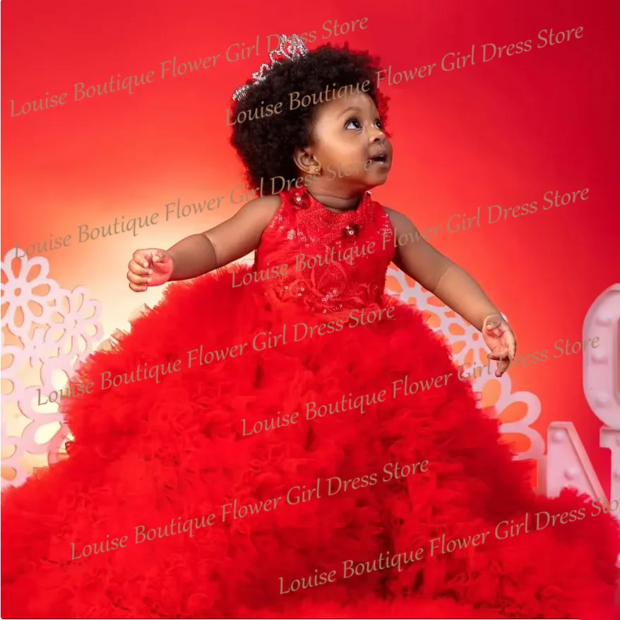 

Lovely Flower Girl Dress Lace Appliques Red A-Line Tulle Pleated Floor Length Dresses Baby First Communion Birthday Party Gowns