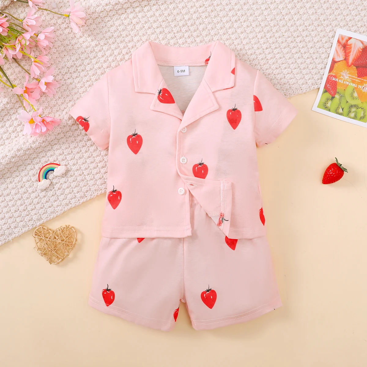 Children\'s Girls\' Cartoon Pajamas Teddy Bear Strawberry print Short sleeved+Shorts 2Pcs/Set 0-3 Years old Cute Baby Girl Pajamas