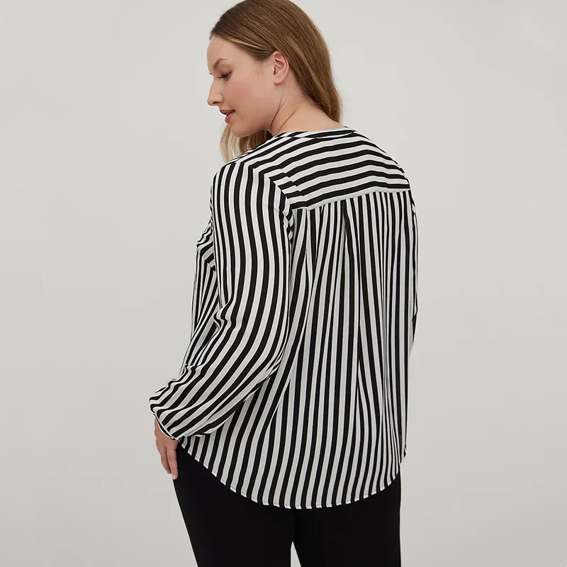 Plus Size Half Placket Summer Spring Elegant Blouse Women Single Button Black And White Striped Long Sleeve Shirt Large Size 7XL