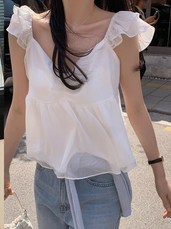 Korean Style V-Neck Short Sleeve Vest Women's Cute Doll Shirt Flying Sleeve Cute Young Reducing Children's Clothing
