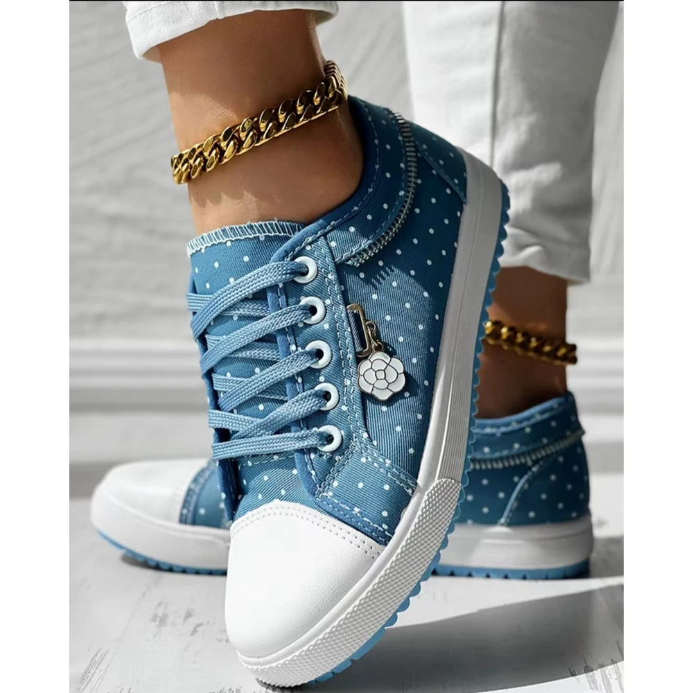 Women Polka Dot Print Round Toe Canvas Sneakers Autumn Woman Casual Daily Zipper Design Lace-up Flats Shoes Korean Style Spring
