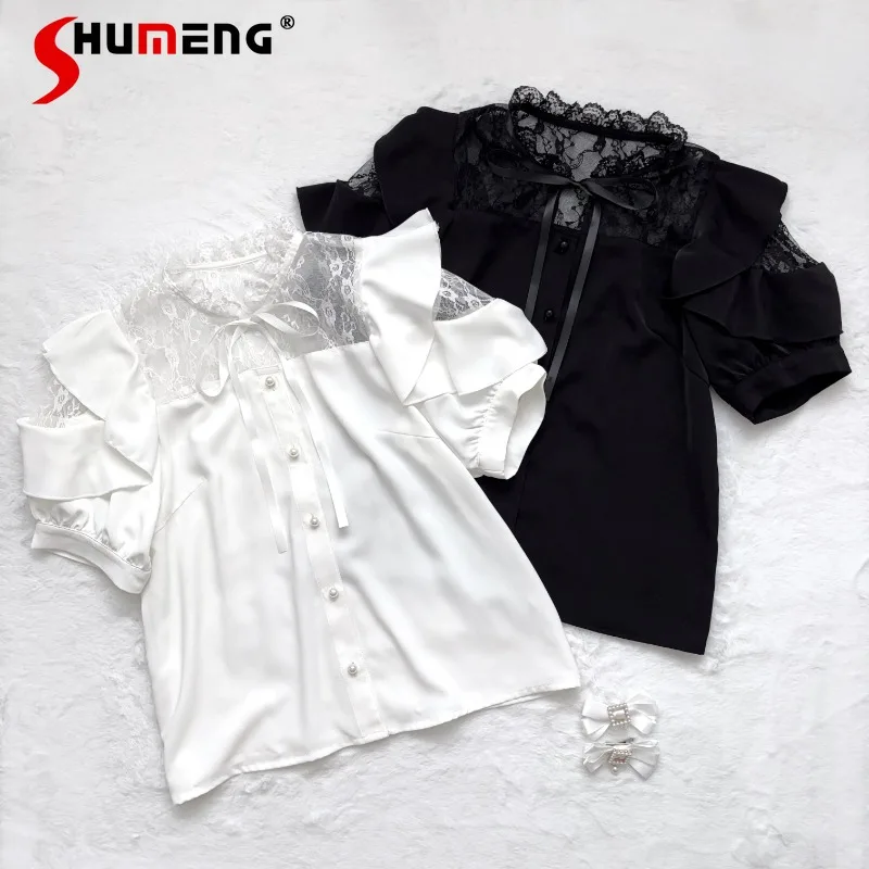 

New Japanese Lace Splicing Ruffle Edge Short-sleeved Strap Blouse Mass-produced Mine Series Short-sleeved Shirt Camisa Femininas