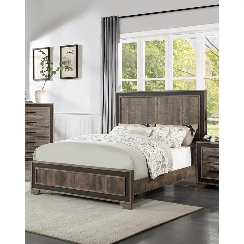 King Size Bedframe with High Headboard, Wooden Panel Design, Bedroom Furniture, Oak Finish