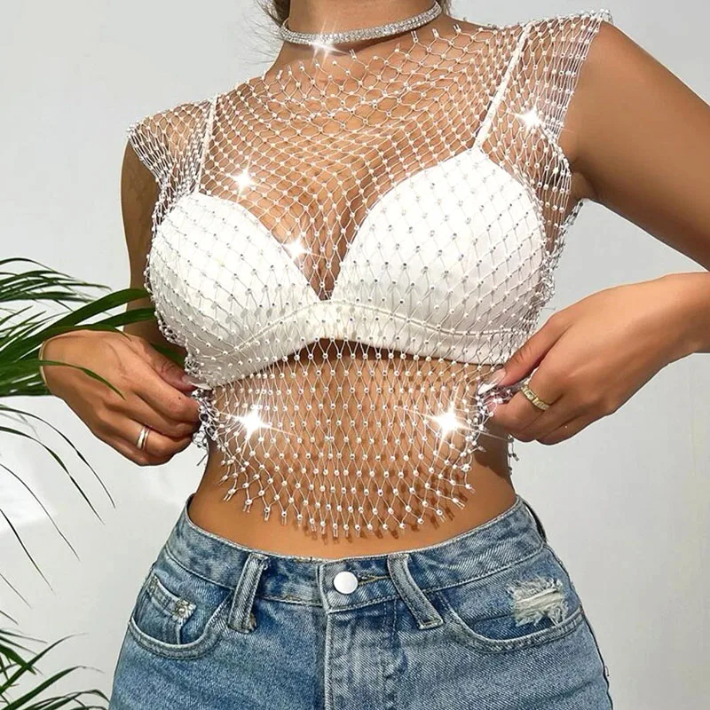 Camisetas sin mangas brillantes con cuentas de cristal para niñas, chaleco sin mangas con ombligo recortado, Club de fiesta, Sexy, ahuecado,