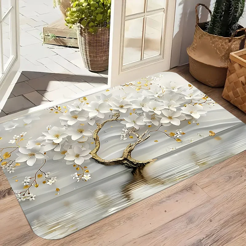 Elegant Magnolia Tree Doormat White Gold Floral Print For Entryway Hallway And Sophisticated Home Decor