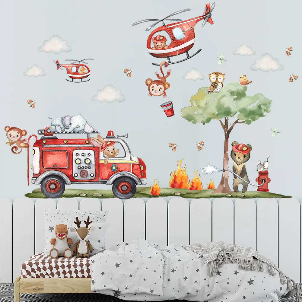 Creative cartoon animal firefighters sticker for living room kids room decoration self adhesive wall art decal