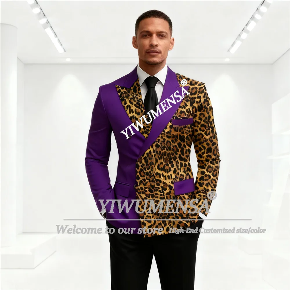 Setelan Jas Pria Desain Unik Motif Leopard untuk Pernikahan 2 Potong Set Jaket Double Breasted Celana Jas Prom Kustom