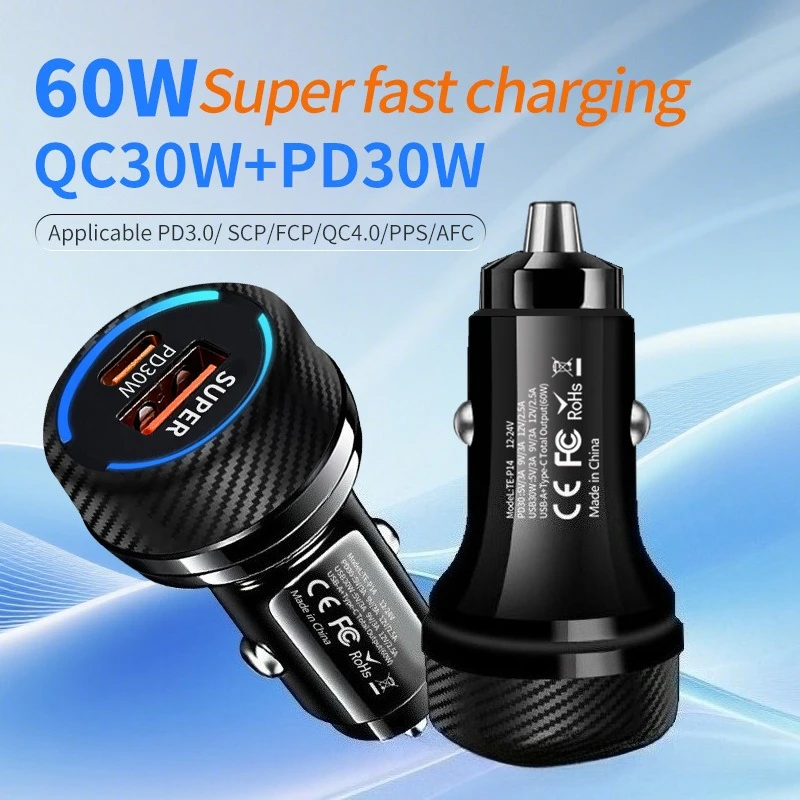 

2 Port PD 60W car charger PD30W+QC30W car phone charger for HUAWEI iPhone Samsung Xiaomi fast charging cigarette lighter adapter