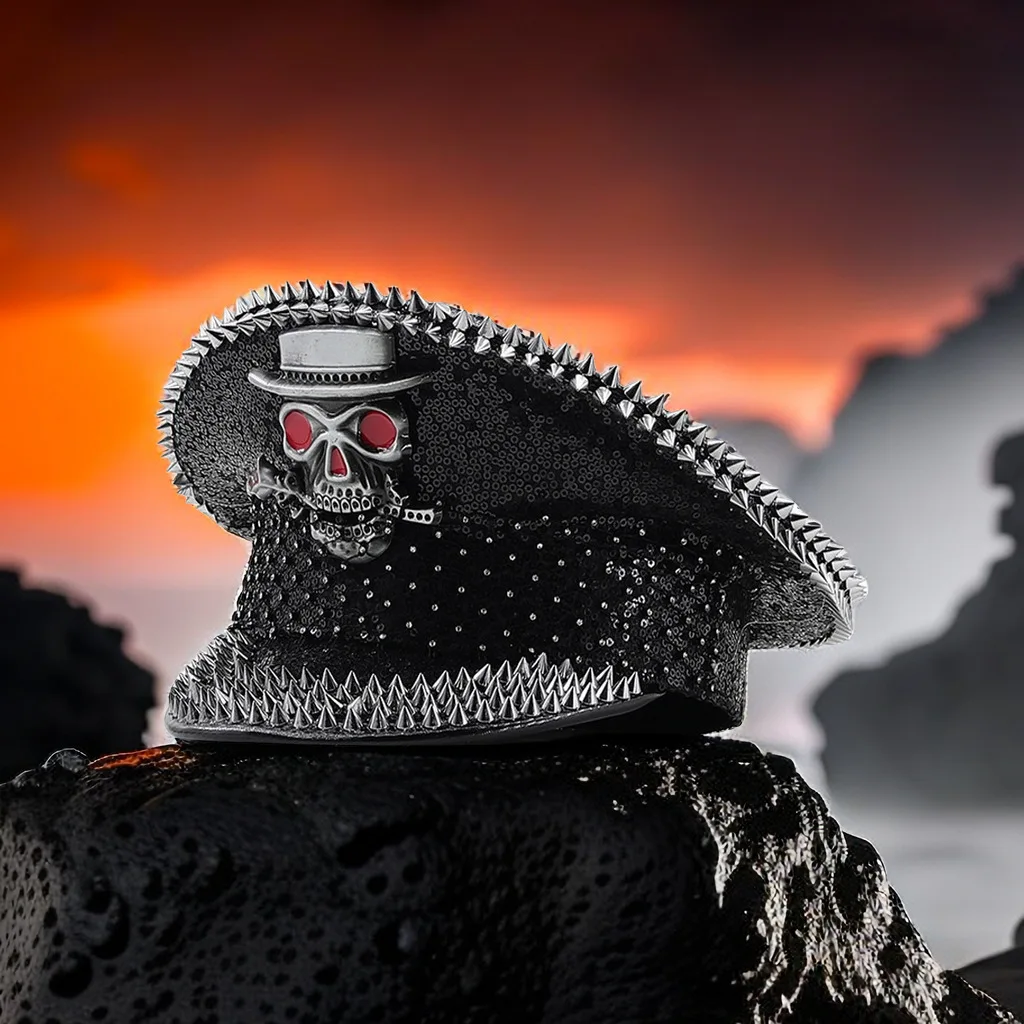 

Cross-border black sequin skull punk rivet flat top hat festival party performance captain diamond navy hat