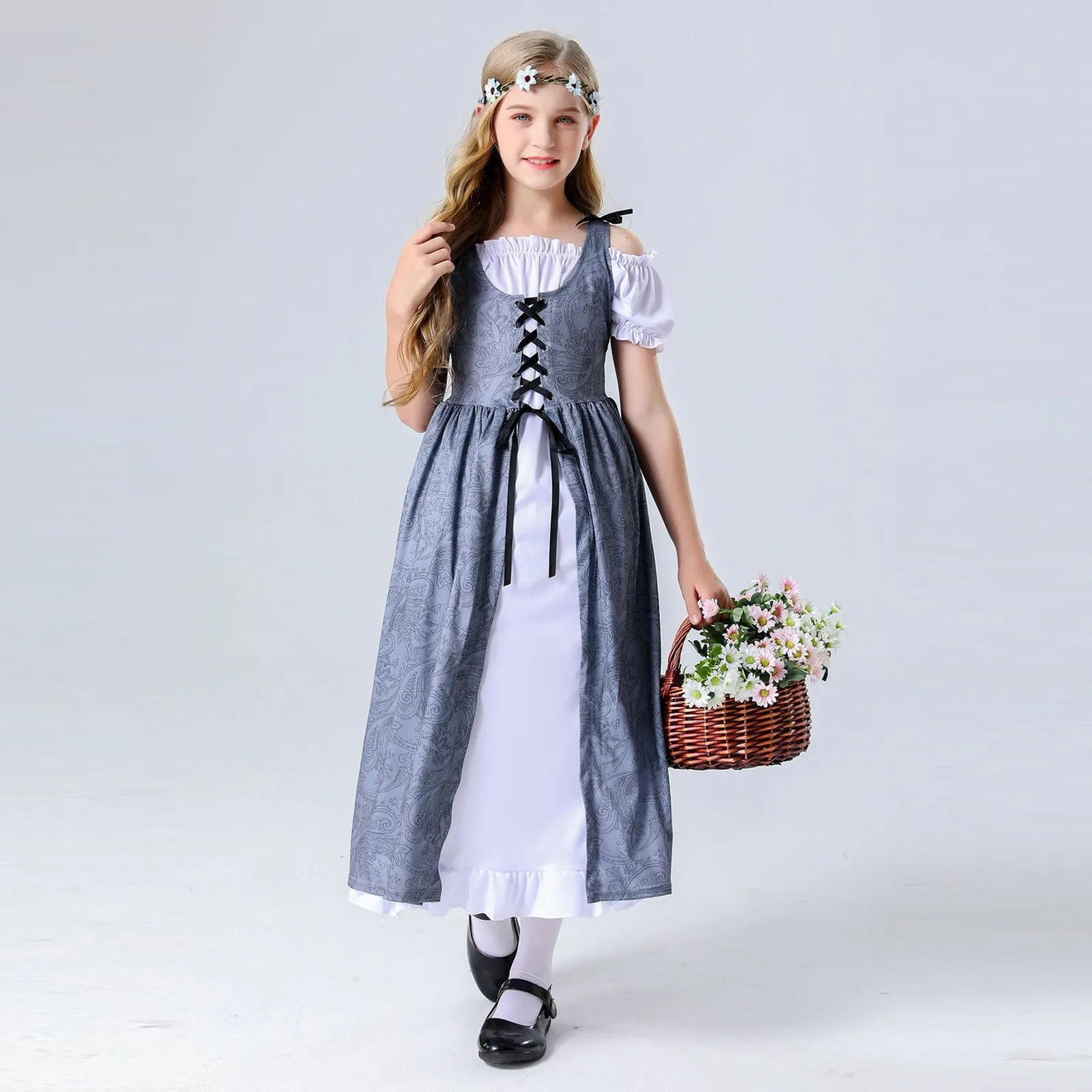 

Girls Medieval Renaissance Cosplay Costume Short Sleeve Lace-Up Robe Gown Dress For Halloween Victorian Theme Party Performance