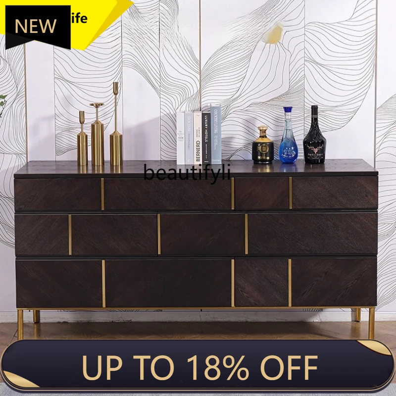 

P178 Modern Light Luxury Six-Drawer Living Room Decorative Chest of Drawers Bedroom Solid Wood Walnut Color Storage Cabinet