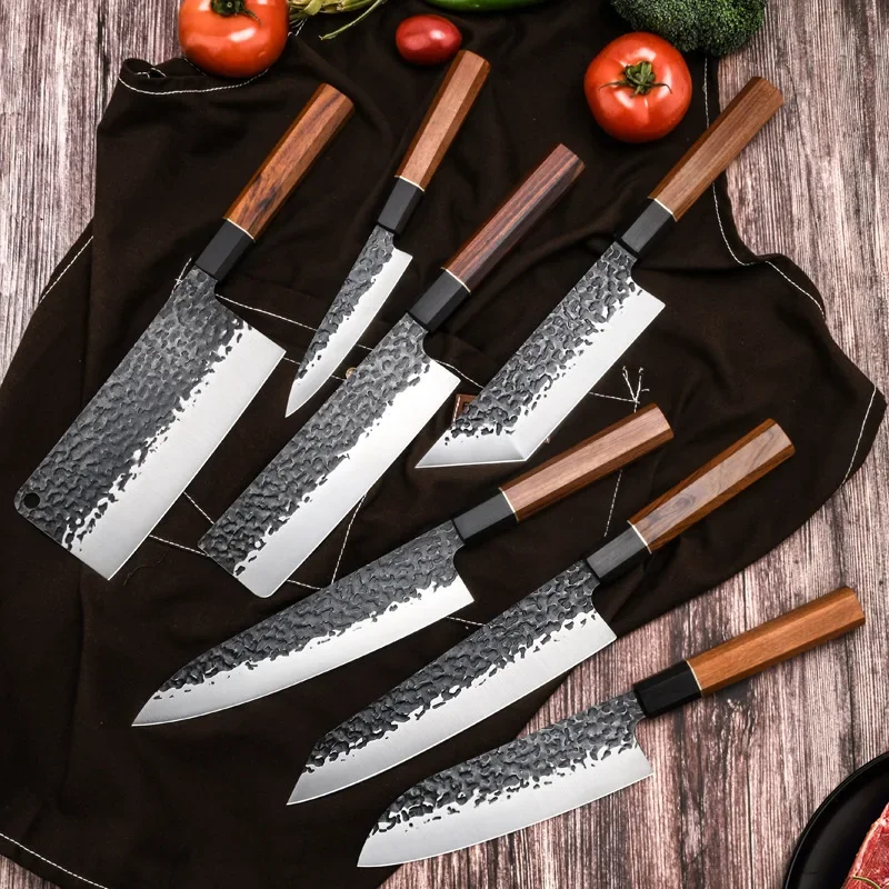 Japanese Sashimi Santoku Knife 1-7pc Hand Forged Chef Knives Set Fish Fillet Wood Handle Knive Cleaver Camping BBQ Tools