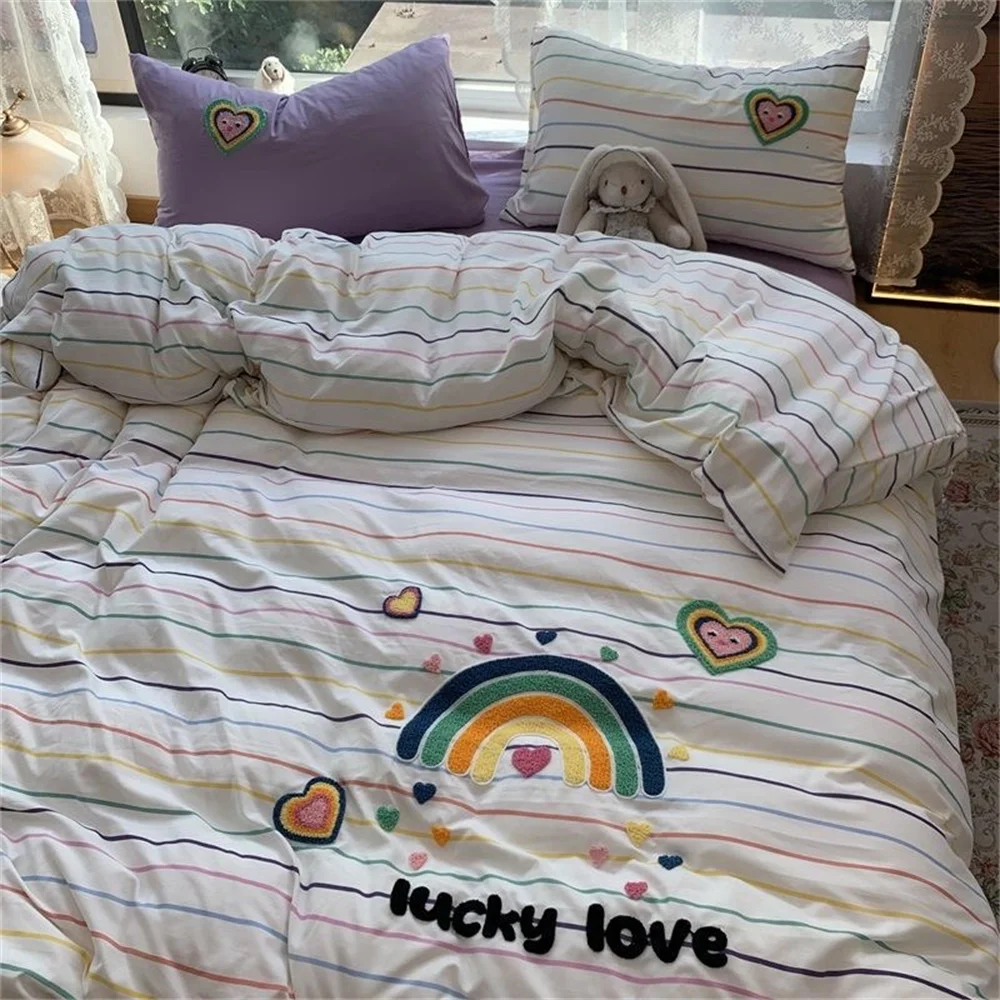 Korean Ins Dopamine Rainbow Embroidered Washed Cotton Bedding set Duvet Cover Home Luxury No Filling Bedding Set Bed Sheets