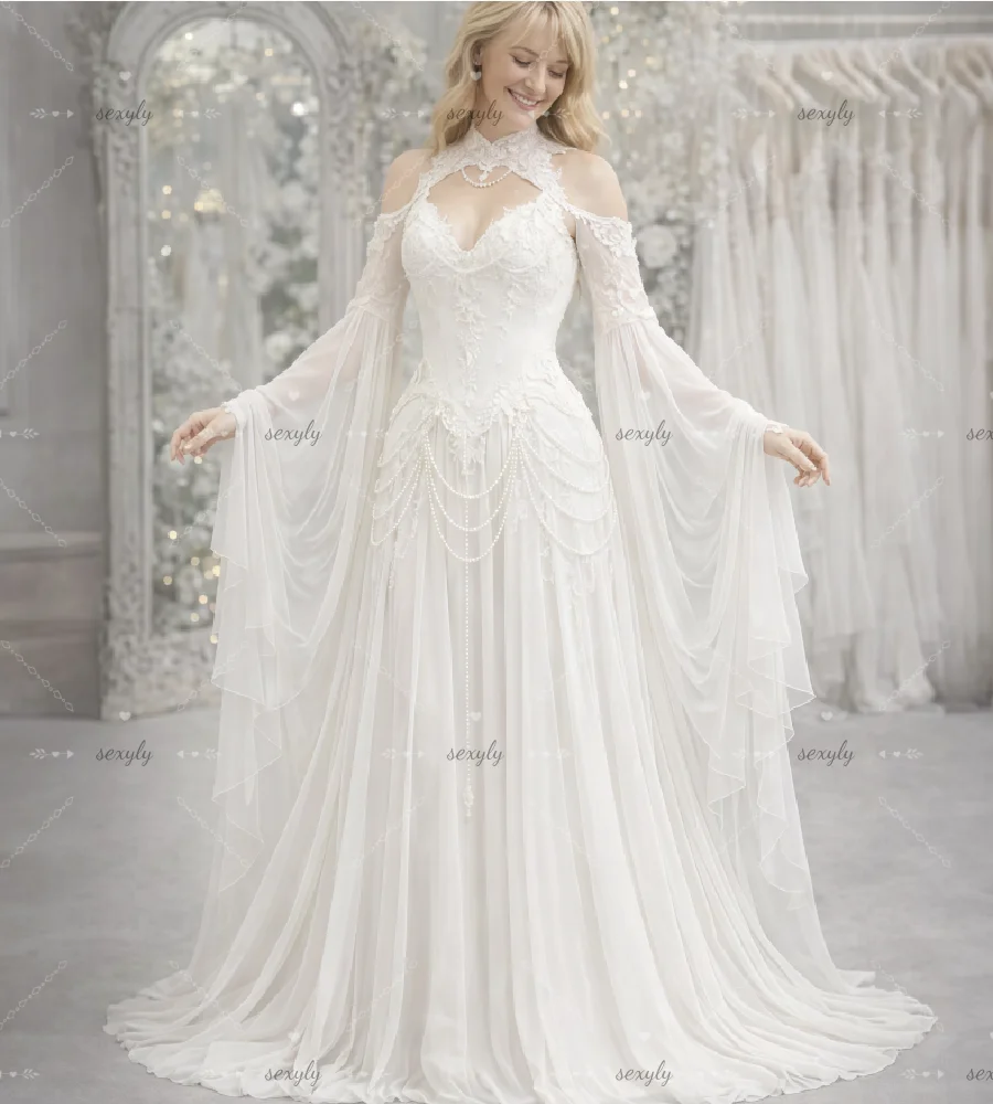 Enchanted Forest Elvish Wedding Dress Belle Sleeve Fairytale Renaissance Celtic Bridal Dress 2026 Lace Bohemian Beach Bride Gown