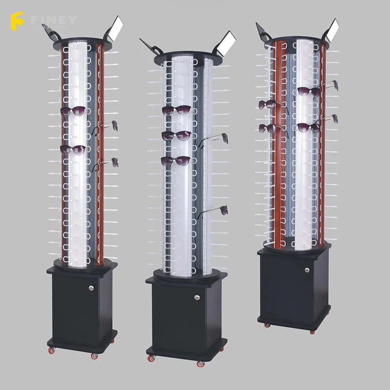 ) (Dostosowany) Mobilny drewniany stojący na podłodze Metalowy akrylowy stojak na okulary przeciwsłoneczne Sklep optyczny Obrotowy wyświetlacz na okulary przeciwsłoneczne