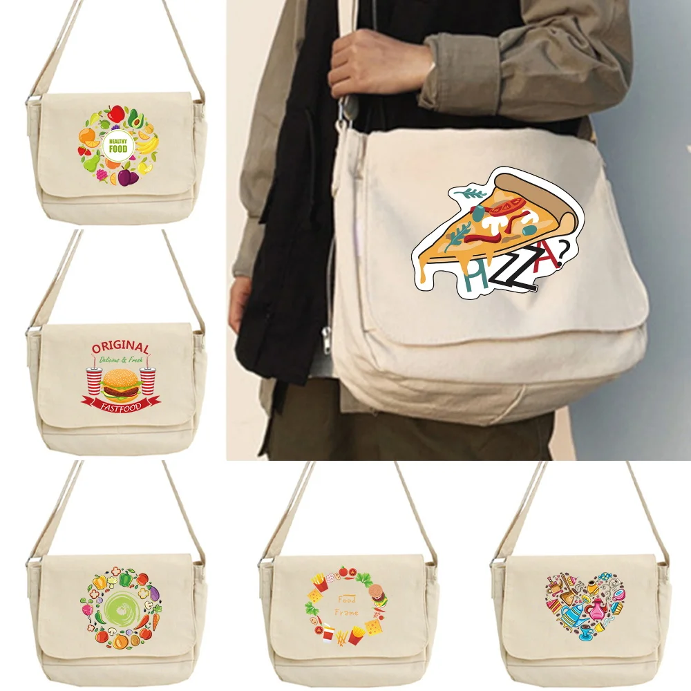 2024 lona bolsa mensageiro feminina ese crossbody sacos juventude moda padrão de alimentos casual grande capacidade senhoras sacos ombro