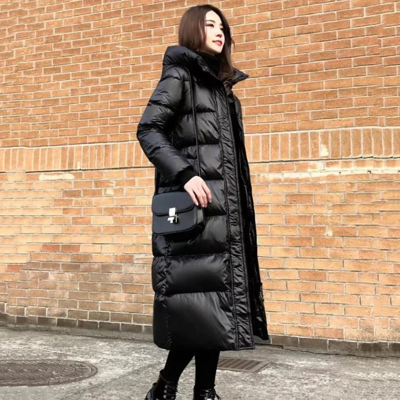 Black Down Warm Padded Jacket Long Knee-length Women's Coat New Shiny Korean Version Loose Hooded Pocket Thickened Cotton Coat