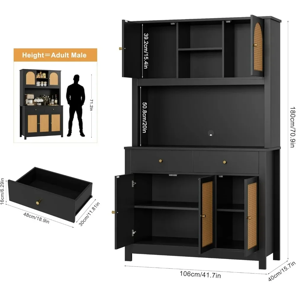 Kitchen Cabinet, Tall Hutch Cabinet with Doors and Microwave Stand, Hutch Food Cabinet with Drawers & Shelves, Kitchen Cabinet