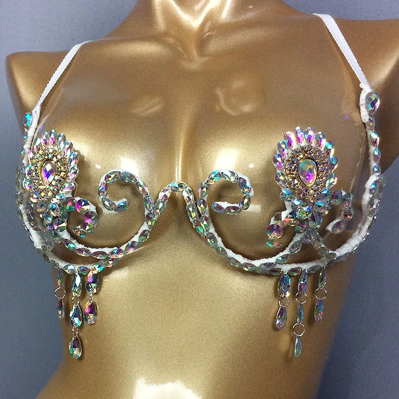 Rainbow Stone Sexy Belly dancing Wire Bra Crystal bikini Samba Carnival Bra Performance Wear Rave Outfit