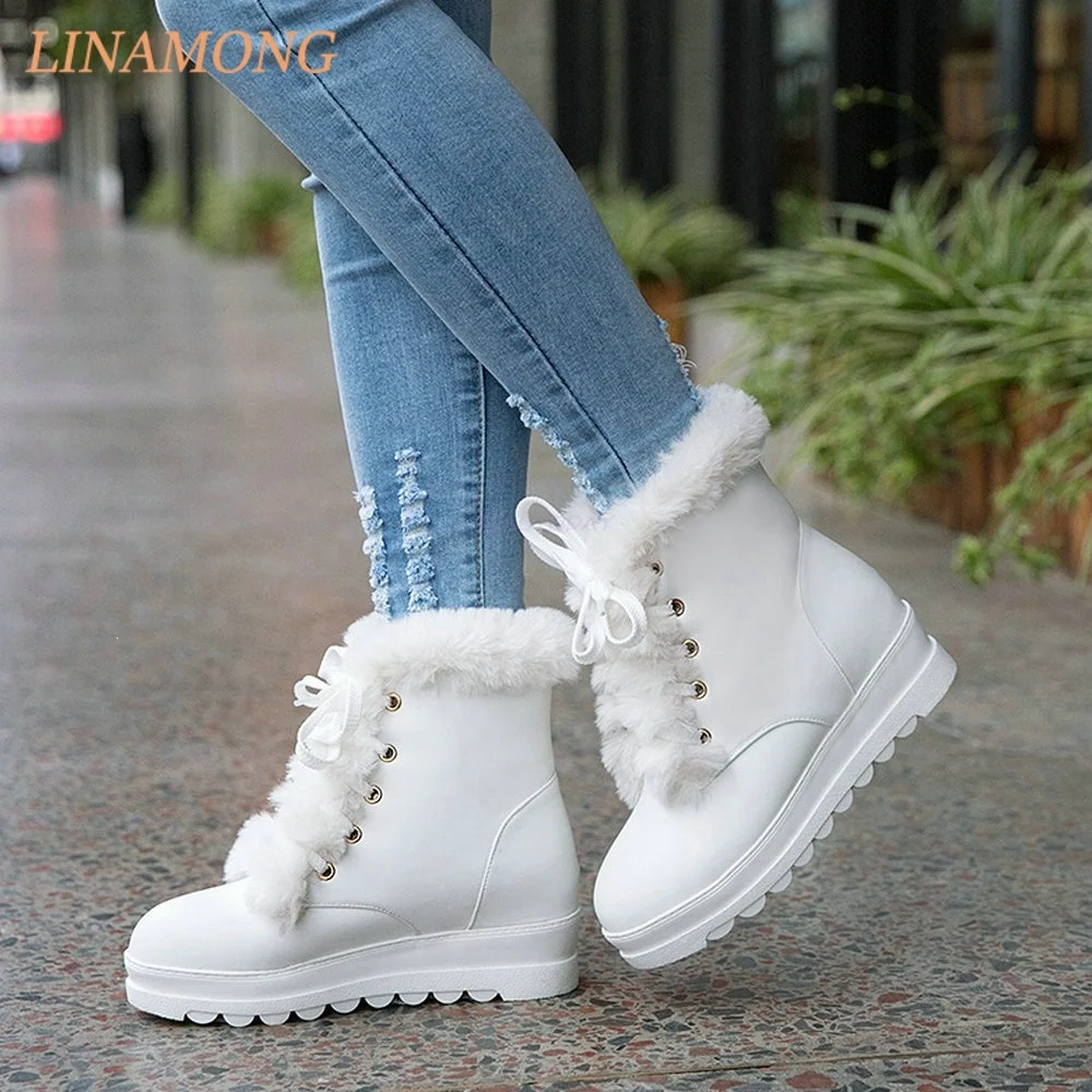 Fuzzy Fur Trim Mid Calf Winter Boots Front Ribbon Lace Up Closure Round Toe Platform Warm Lined Snow Casual Fashion Footwear