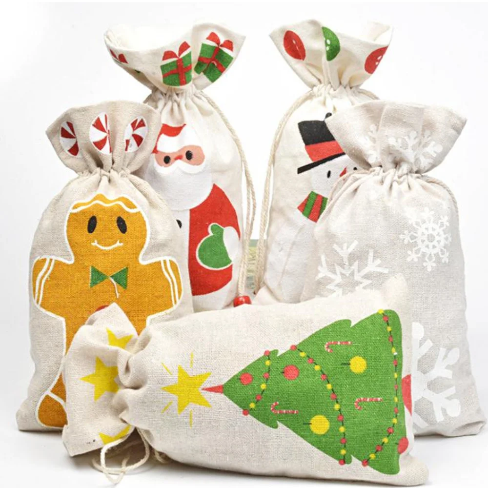 Christmas Drawstring Gifts Bag Pouch For Santa Clause Snowflake Snowman Xmas Storage Burlap Party Candy Bag Decor