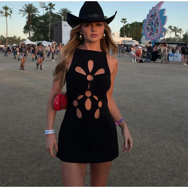 

Sexy Hollow Out Mini Dress Women Slim Solid O-neck Sleeveless Hip Package Female Dresses 2024 Summer Lady High Street Vestidos