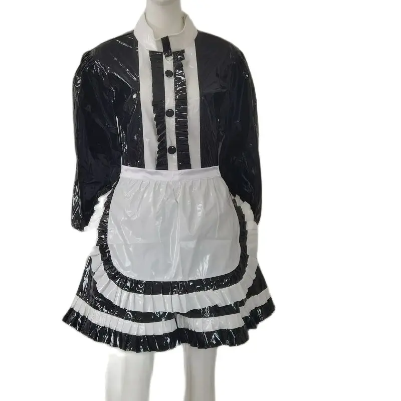 

New Maid Sissy Lockable PVC Black And White Apron Patchwork Puffy Bubble Sleeves Bowknot Pleated Customized