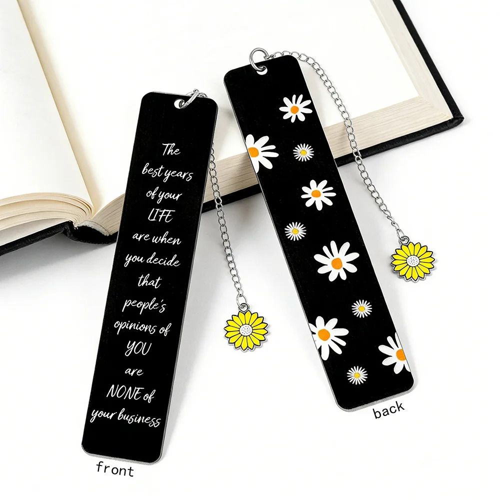 Marcapáginas de acero inoxidable negro para mujer con diseño de margarita fresca impresa por ambos lados - Marcapáginas de regalo con diseño único e inspirador con margarita