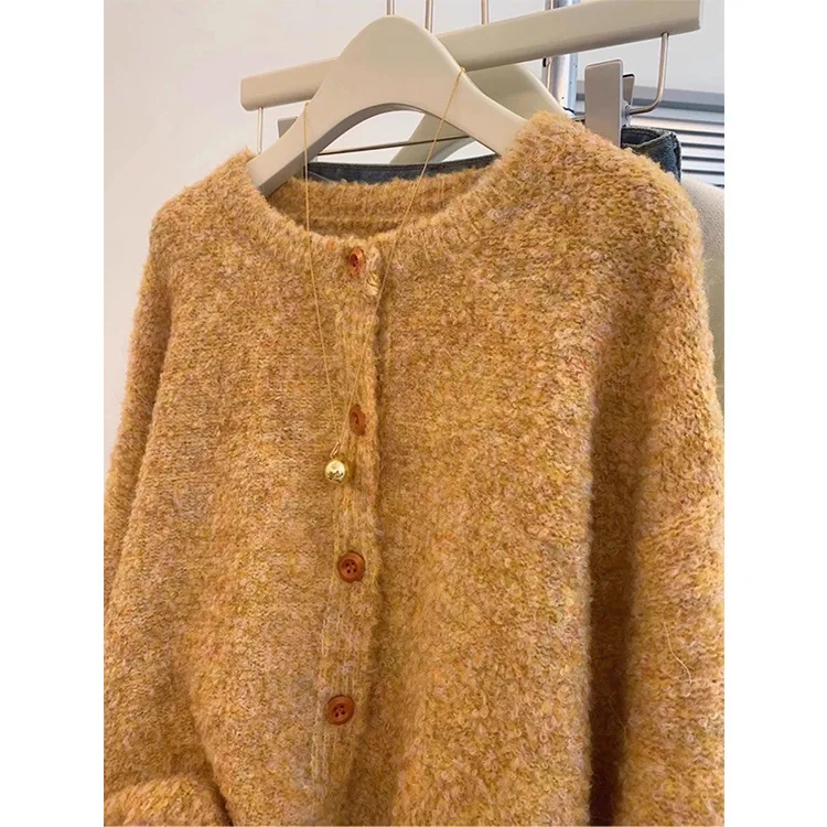 Sweaters Knit Women Solid Round Neck Buttons Spliced Jumpers Warm Thick Long Sleeve Straight Cardigan Sweater Autumn Winter