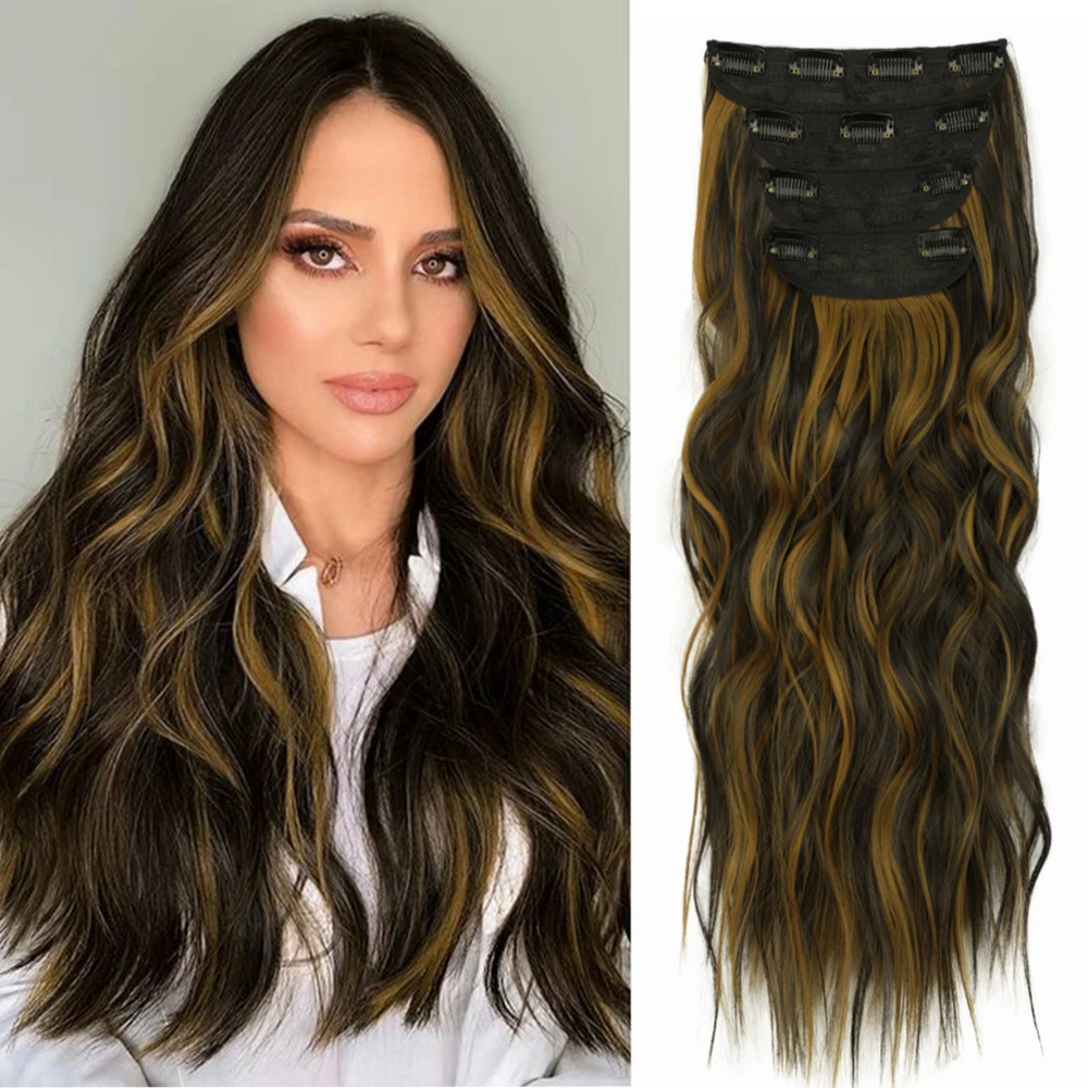 Clip In Hair Extensions for Women 4Pcs/Set Synthetic Hair Clip In Long Wavy Thick Hairpieces 20Inch Curly Ombre Fake Hair Piece