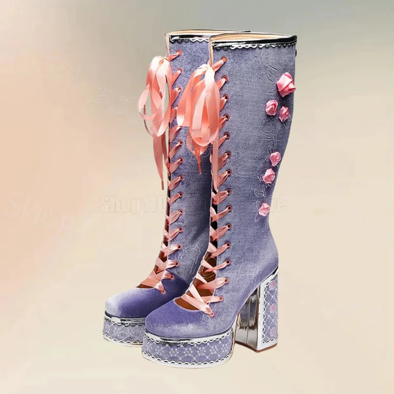 

Pink Strappy Purple Corduroy Round Toe Platform Boots Back Zipper Women Shoes Chunky High Heels Party 2025 Zapatos Para Mujere