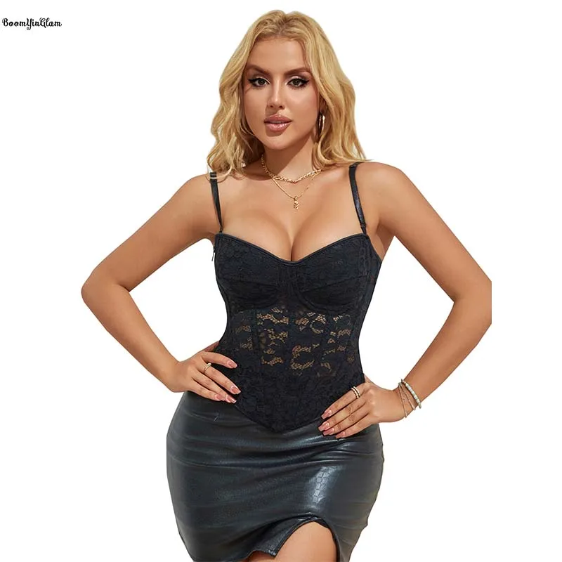 14 Fishbones Spaghettic Strap Zipper Adjustable Overlay Floral Lace Bustier Plus Size Xs-xxxl Women Underwear Lingerier Corset