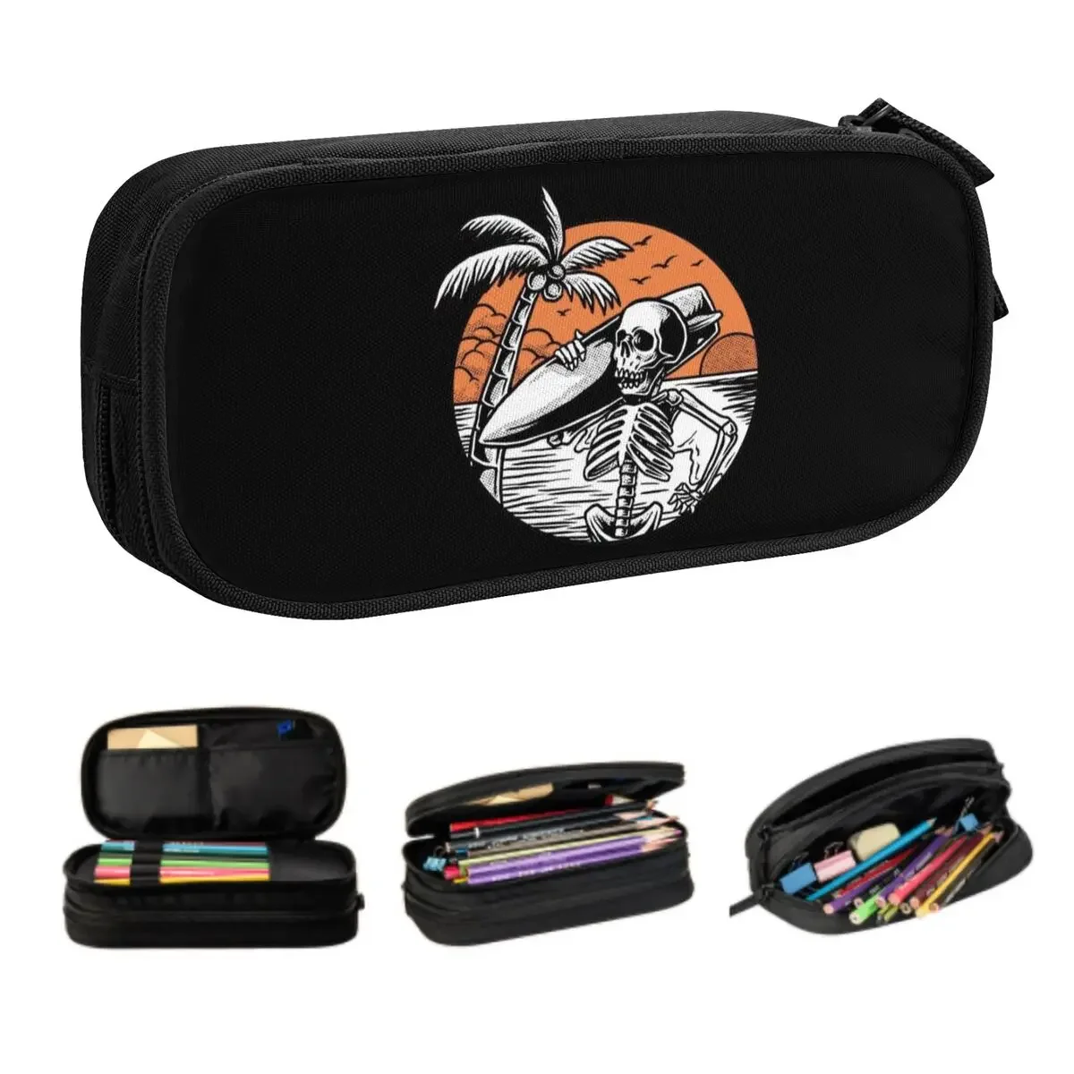 Custom Cute Summer Surf Skeleton Surfing Pencil Cases for Girls Boys Large Capacity Pen Bag Box School Supplies