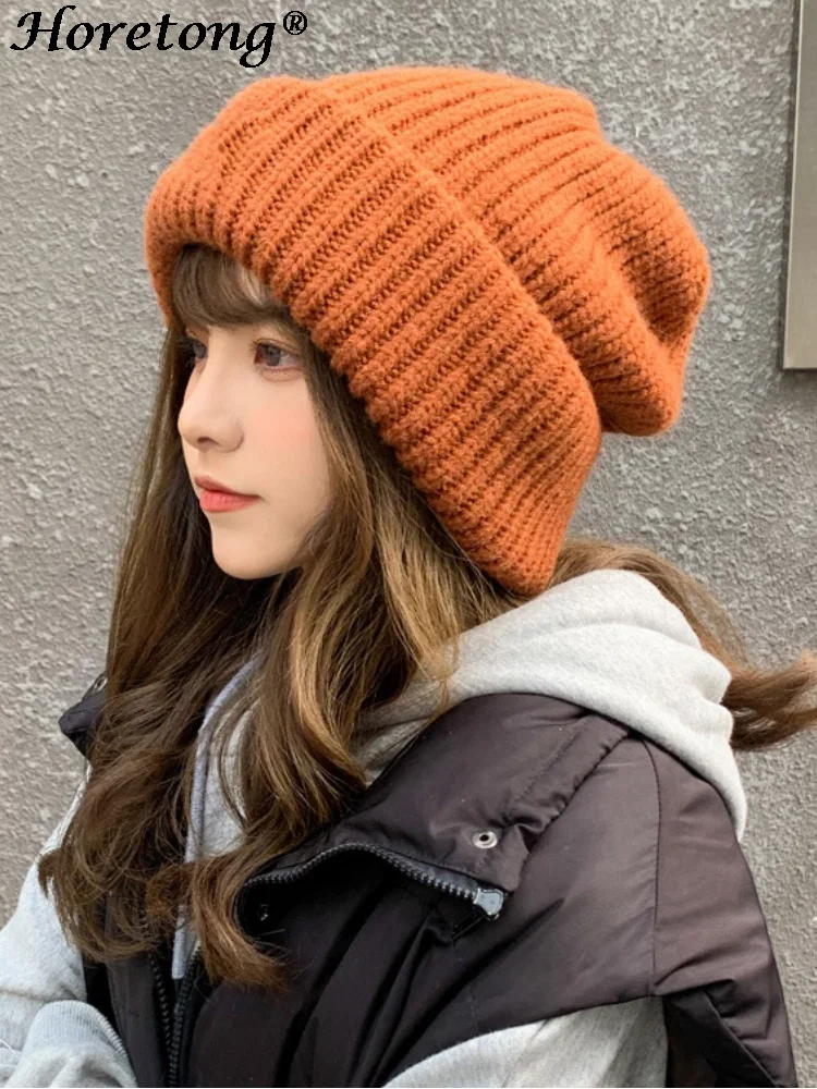 Horetong Winter Knitted Hat Women Korean Fashion Solid Outdoor Warm Beanies All-match Casual Elastic Comfortable Cap 2022 New