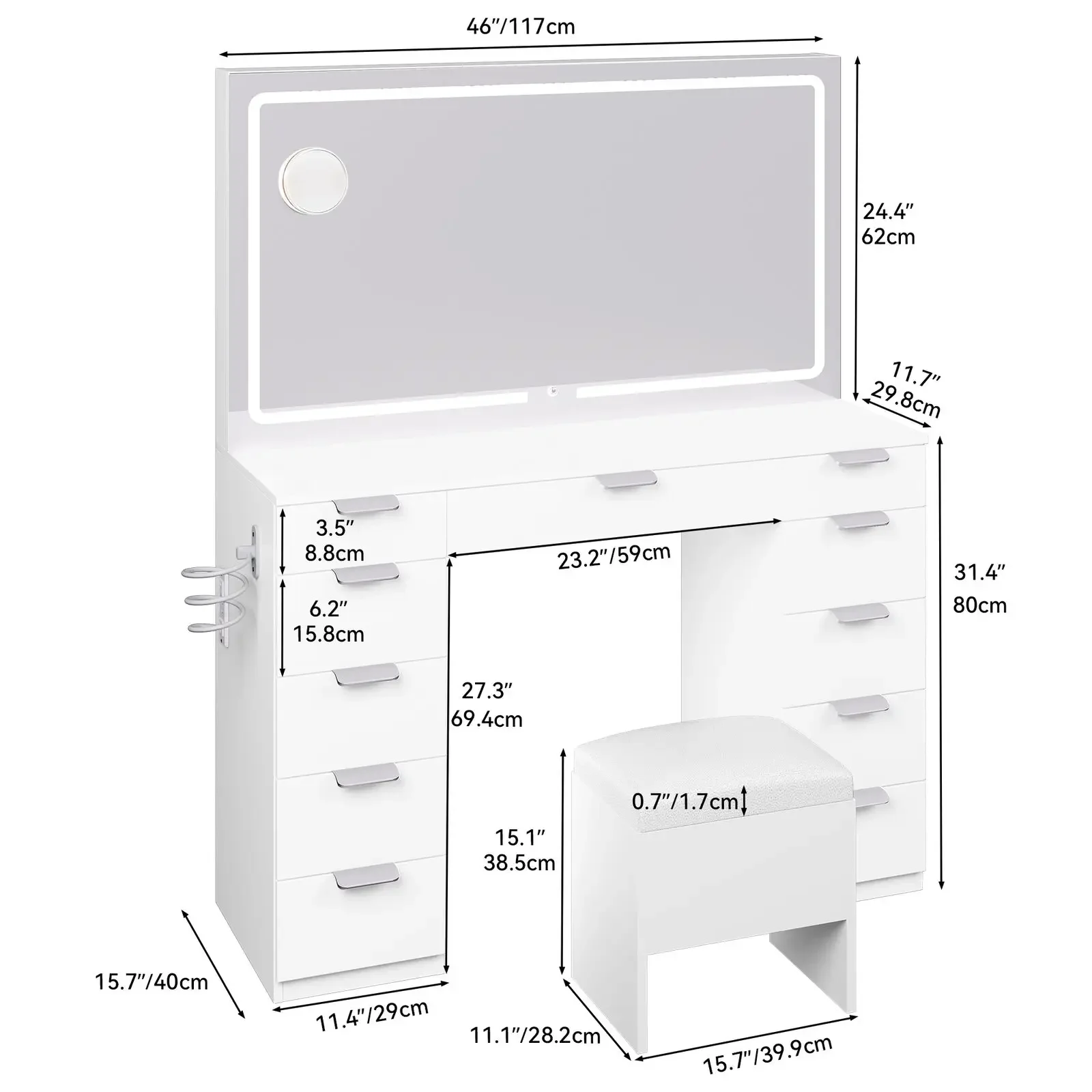 Makeup Vanity Table Set with Large LED Lighted Mirror & 11 Drawers for Bedroom， Large storage space，3-color light adjustment