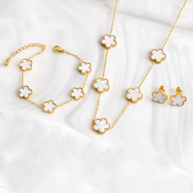 4PC/Hot Selling New Minimalist Plant Five Leaf Flower Set Gold-Plated Stainless Steel Non Fading Women's Jewelry Clover Gift