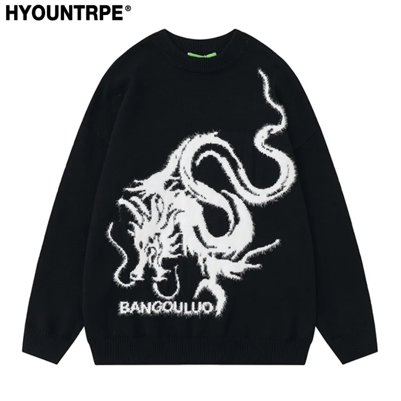 

Hip Hop Harajuku Dragon Pattern Knitted Sweater Unisex O-neck Pullover Streetwear Y2k Casual Loose Sweater Warm Jumper Knitwear