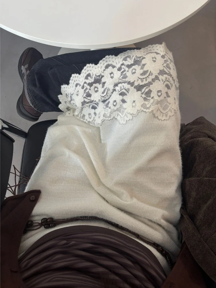 

Вязаная юбка миди с кружевной отделкой в стиле ретро, на резинке, многослойная, женская, повседневная, прямого кроя, свободного покроя, зима 2025, модная