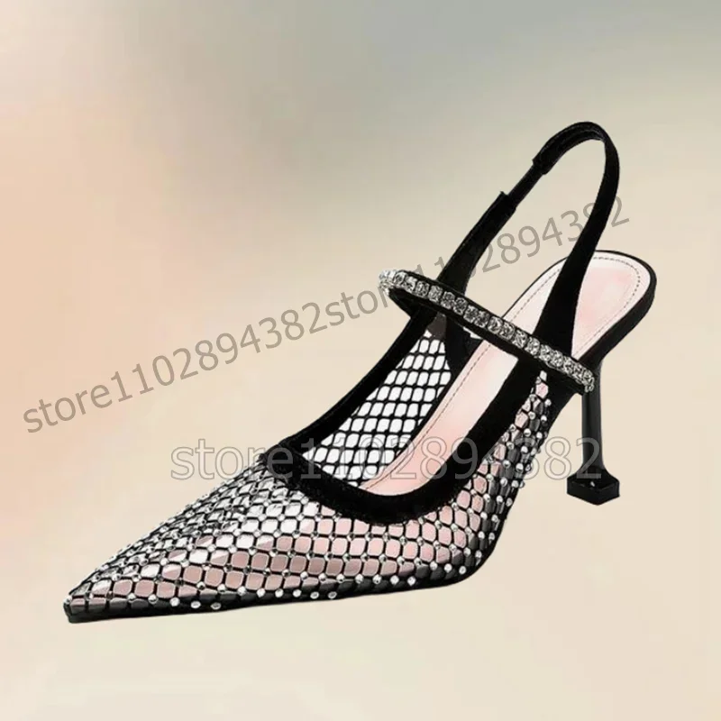 

Crystal Decor Black Mesh Cut Heel Pointed Toe Pumps Slip On Women Shoes Strange Style Heels New Fashion 2023 Zapatos Para Mujere