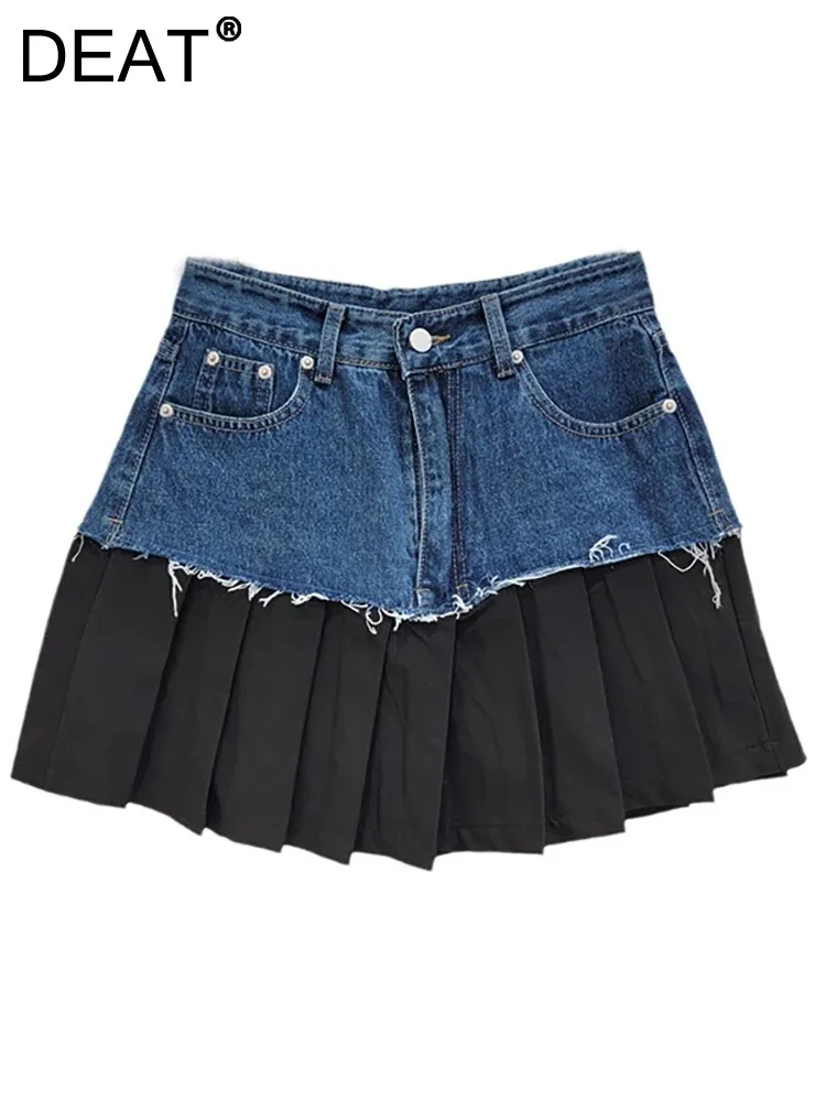 

DEAT Women's Denim Skirts High Waist A-line Patchwork Pleated A-line Burrs Folds Mini Skirts 2024 Autumn New Fashion 33A1426